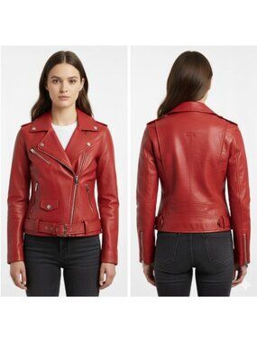 ⭐BAGATELLE.NYC Womens M Red Lambskin Genuine Leather Biker Moto Jacket MSRP $698
